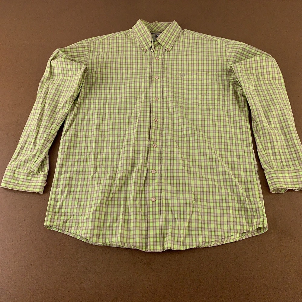 Cinch Men's Size Medium Lime Green Plaid Long Sleeve Button Front Western Shirt